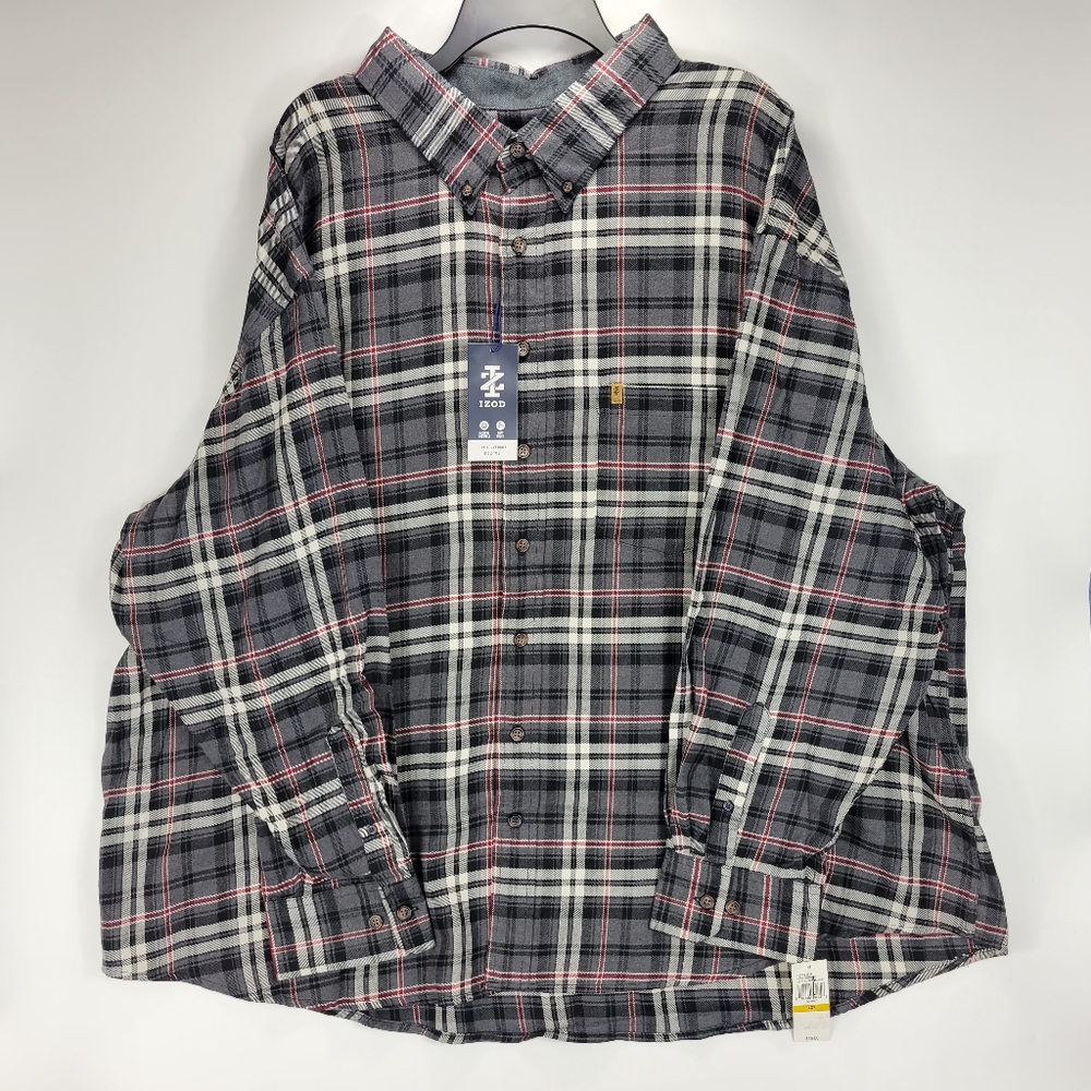 Izod Stratton Flannel Long Sleeve Button Front Shirt Mens 4XB Black Gray Red